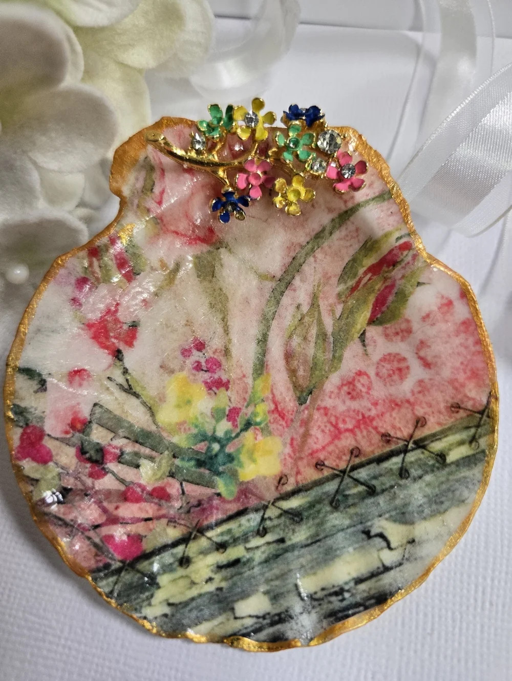 Hand Gilded Upcycled Jewelry Art Decoupage Shell Trinket Dish - Micro Florals